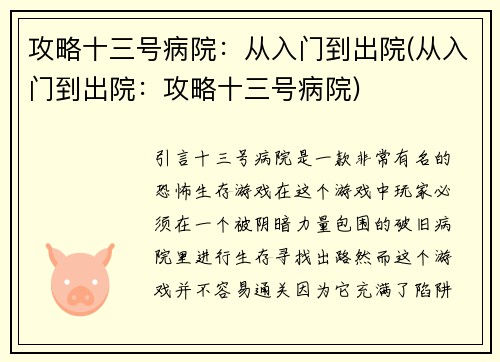 攻略十三号病院：从入门到出院(从入门到出院：攻略十三号病院)